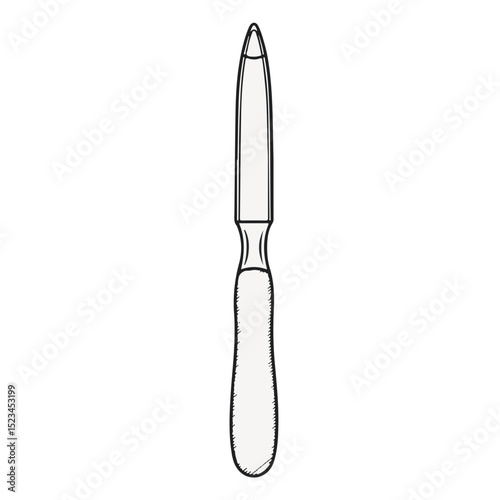 A minimalist black and white illustration of a nail file with a slender, pointed filing surface and a curved handle.
