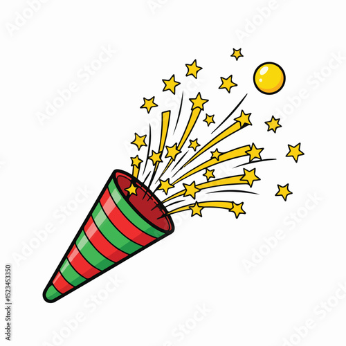 Cartoon party popper with red and green stripes exploding with gold stars and a gold ball. Celebratory and festive design.