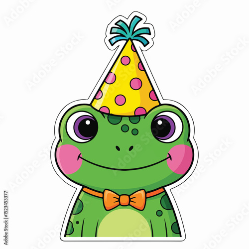 A cute, cartoon frog wearing a yellow polka-dot party hat and an orange bowtie. Its cheeks are pink. It appears to be a sticker or graphic.