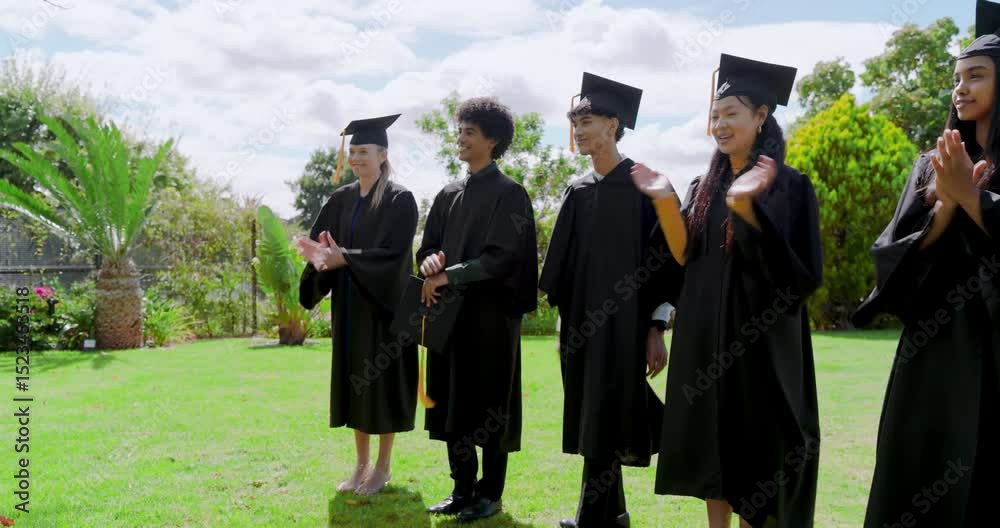 Diverse grads in gowns mortarboards clapping on lawn after speech with one picking diploma scroll