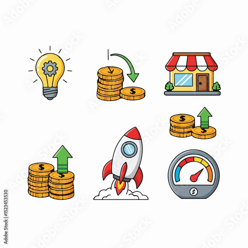 Cartoon icons representing business growth & success. Includes a lightbulb, coins, rocket launch, store, gauge, and directional arrows.
