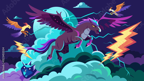 Majestic pegasus soaring through stormy skies