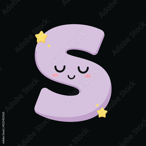 Cute, cartoon letter S in a soft purple. It has a sleepy face, rosy cheeks and is decorated with yellow stars. Black background.