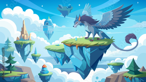 Fantasy griffin on floating island, clean cutout
