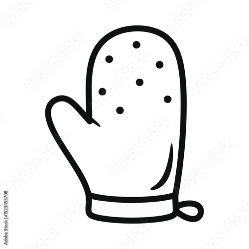 A doodle illustration of an oven mitt. Its outlined in black with dot details and has a loop at the bottom.