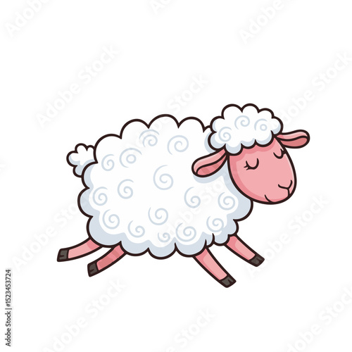 Cartoon image of a sheep jumping or running. The sheep is white and pink with a fluffy body.