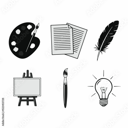 Black and white art-related icons: paint palette & brush, paper, quill, easel, brush, and lightbulb, on a white background.