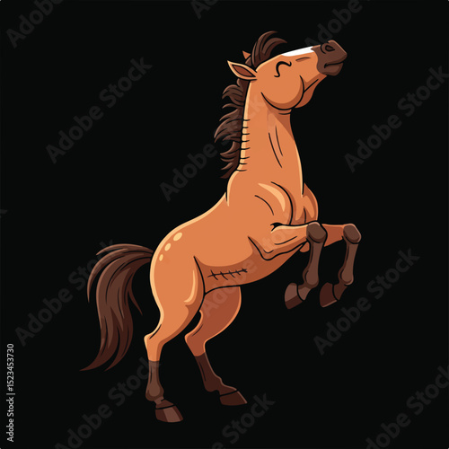 Cartoon horse, light brown, rearing up. Mane and tail are dark brown. Eyes are closed, expression is happy. Isolated against black background.