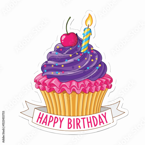 Cartoon cupcake with purple frosting, pink ruffle, cherry, candle, and Happy Birthday banner. Cute, colorful, festive design.