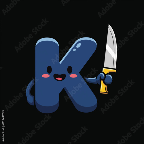 A blue cartoon letter K character holding a knife, with rosy cheeks and a happy expression. Against a black background.