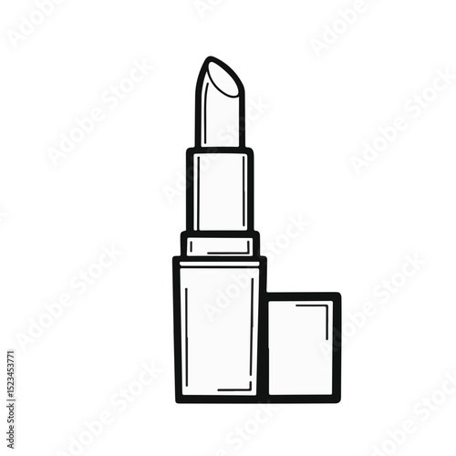 A simple, black and white line drawing of a lipstick tube with the lipstick extended, the cap set to the side.