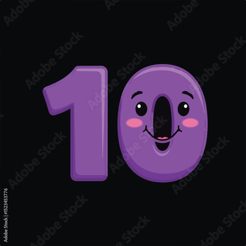 Cartoonish purple number 10 on a black background. The 0 has a cute face with rosy cheeks, eyes, and a mouth.