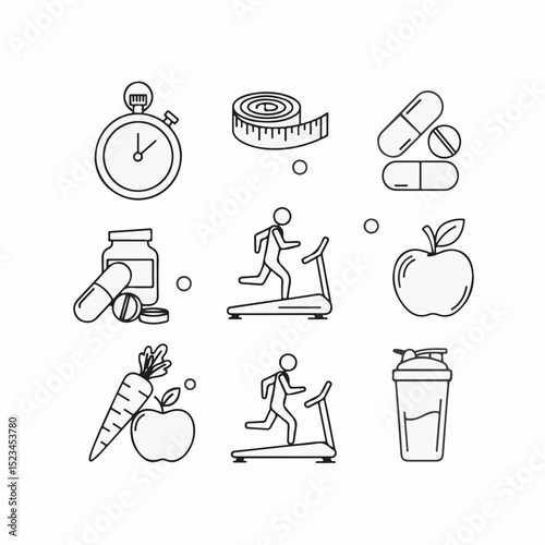 Outlined icons related to fitness and healthy lifestyle; including running on a treadmill, fruit, pills, a measuring tape, and a stopwatch.