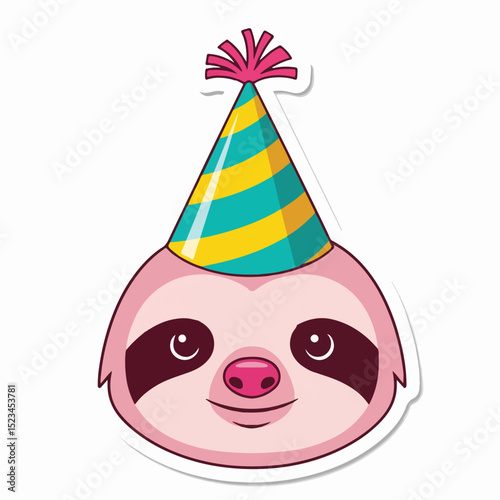 Cartoon sloth face wearing a party hat. Cute, pink, simple design. Suitable for stickers or party decorations.