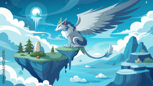 Majestic griffin fantasy creature on clifftop, transparent background