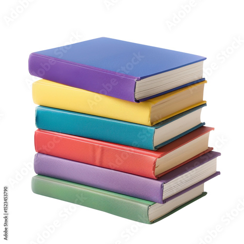 Colorful stack of books with vibrant covers, showcasing variety of hues including purple, yellow, green, red, and blue. This evokes sense of creativity and knowledge