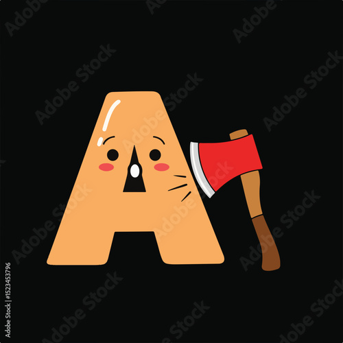 A scared cartoon letter A is about to be chopped by an axe. Black background.