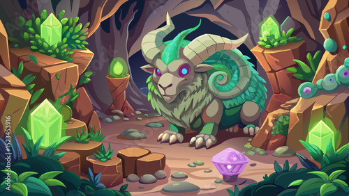 Mythical green ram in crystal cave fantasy illustration