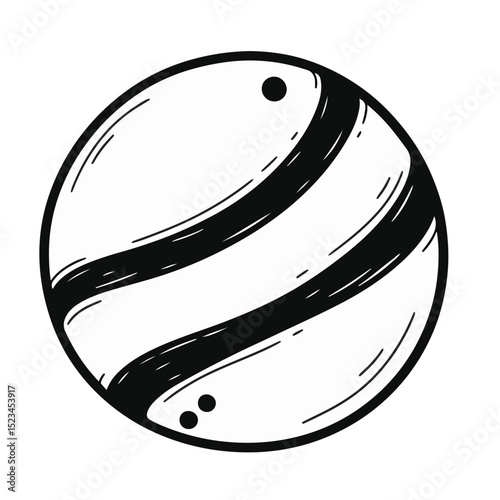 A black and white drawing of a stylized planet. Features a thick, outlined sphere with two dark, diagonal bands and small circle details.