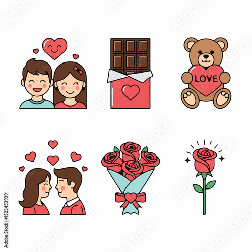 Cute Valentines Day vector icons. Couple, chocolate bar, teddy bear, roses. Cartoon illustration. Hearts, love, gifts.