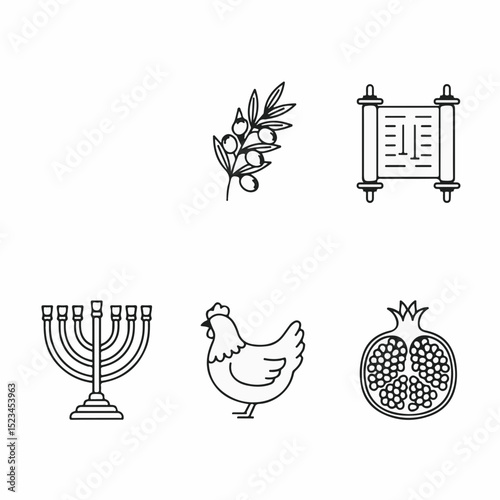 Collection of six line art icons depicting religious symbols: olive branch, scroll, menorah, chicken, pomegranate.