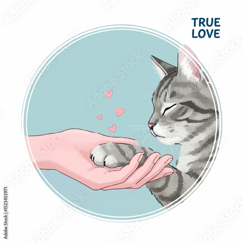 Illustration of a grey tabby cat resting its paw on a humans hand, with hearts floating above. True Love text in top corner.