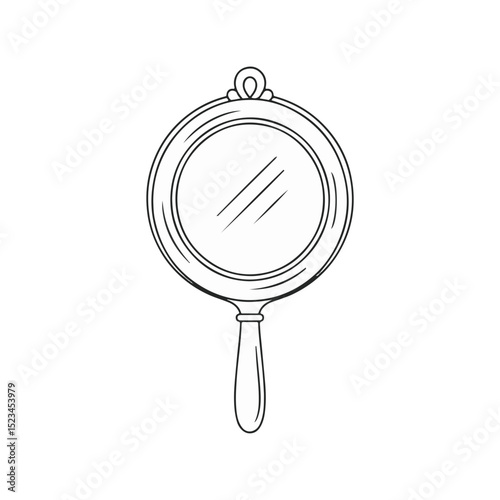 A simple, black and white line drawing of a round hand mirror. The mirror has a decorative handle and a loop at the top.
