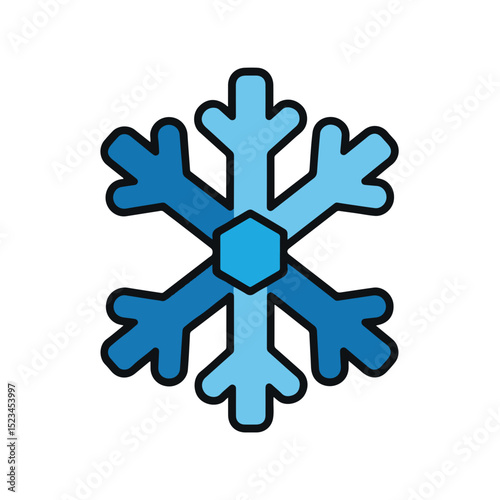 A blue and black outlined vector snowflake icon. It features a central hexagonal shape and six radiating branches.
