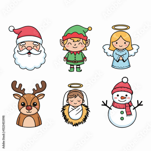 A set of cute Christmas cartoon icons: Santa, Elf, Angel, Reindeer, Baby Jesus, and Snowman, all isolated on a white background.