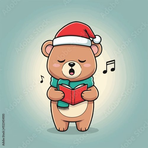 A cute cartoon bear wearing a Santa hat and scarf, singing from a red book with music notes floating around it. Light pastel background.