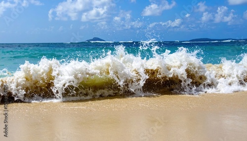 Invigorating Seascape: Turquoise Water Meeting Golden Sand with Crashing Waves