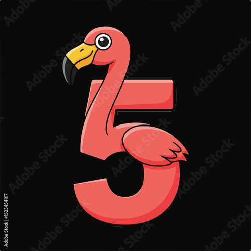 Cartoon number 5 shaped like a pink flamingo with a beak and eye, outlined in white, set against a black background.