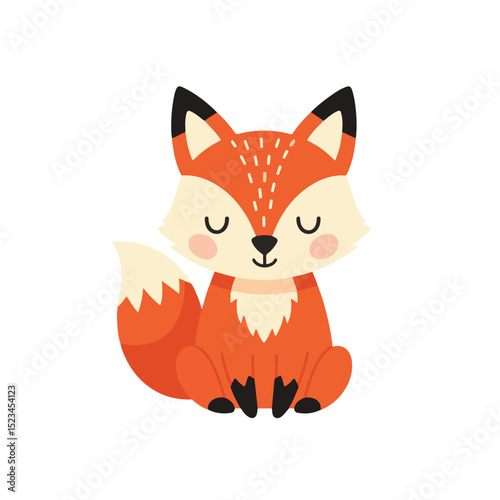 A cartoon illustration of a cute orange fox with closed eyes and a smiling face. The fox is sitting down and its tail is visible.