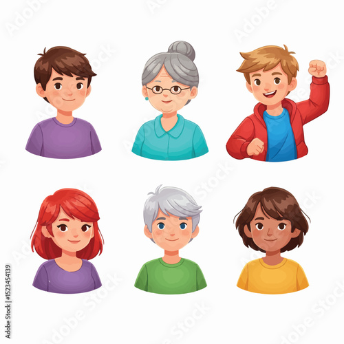 A collection of six cartoon portrait illustrations. The portraits depict diverse people of different ages and genders, each with a distinct expression and hairstyle.