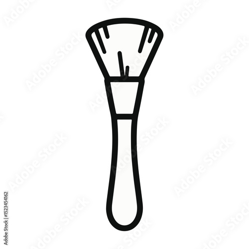 Line drawing of a makeup brush. It has a thick, round head and a thin handle. It is simple and minimalist.