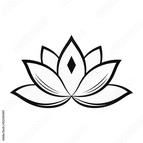 Black and white graphic of a stylized lotus flower. Simple, elegant design.