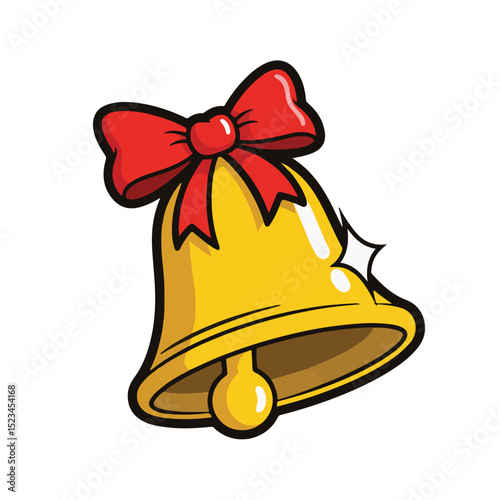 Cartoon of a gold-colored bell with a red bow tied to the top and a sparkle. Isolated on white. Festive, cheery, and decorative.