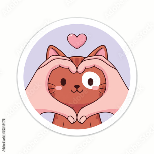 Cute cartoon sticker of a brown cat with hands forming a heart around its face. A pink heart floats above the cats head.