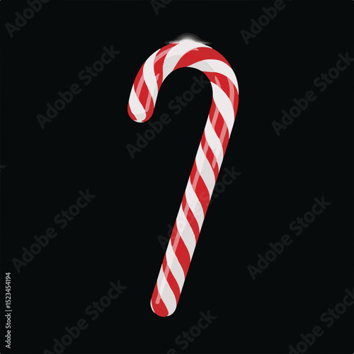 A red and white striped candy cane against a black background. The candy cane appears shiny and reflective, giving it a 3D effect.