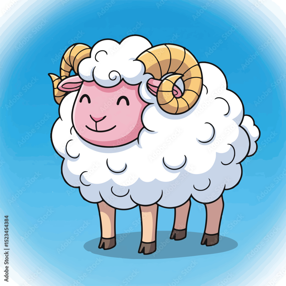 Fototapeta premium A cute cartoon ram with fluffy white wool, pink face, and curved horns stands on a light blue gradient background. It looks friendly and happy.