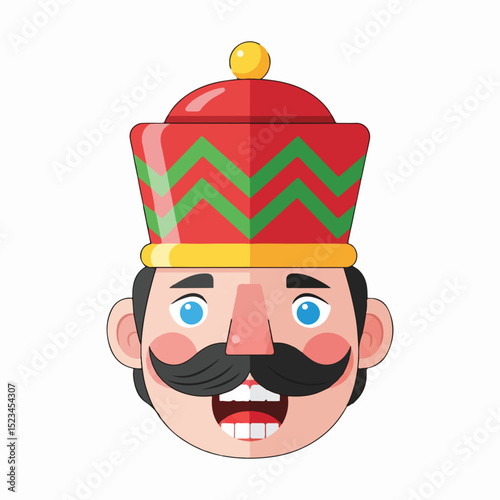 Illustration of a nutcracker face. It has a red hat with a yellow pom-pom, large mustache, and is smiling showing its teeth.