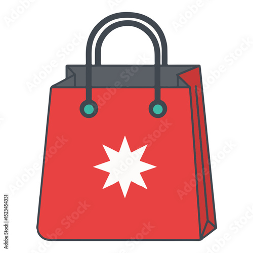 Red shopping bag with a white star. Handles are gray. Simple, flat vector style. Suggests retail, gifts, shopping.