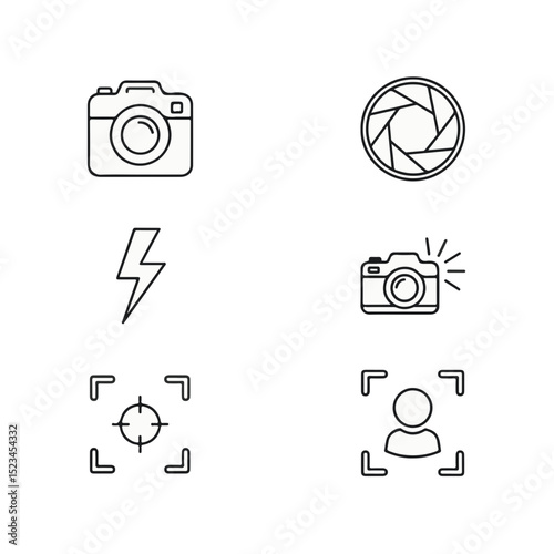 A collection of line art icons related to photography. Includes a camera, aperture, lightning bolt, camera with flash, focus target, and a person in focus.