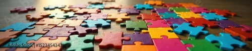 A colorful jigsaw puzzle spread out on a wooden table, various piece shapes and sizes intermingled, sunlight illuminating the scene , picture, games