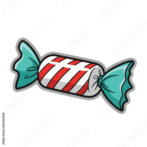 Cartoon drawing of a striped candy, wrapped in teal paper on both ends. The candy features red and white diagonal stripes.