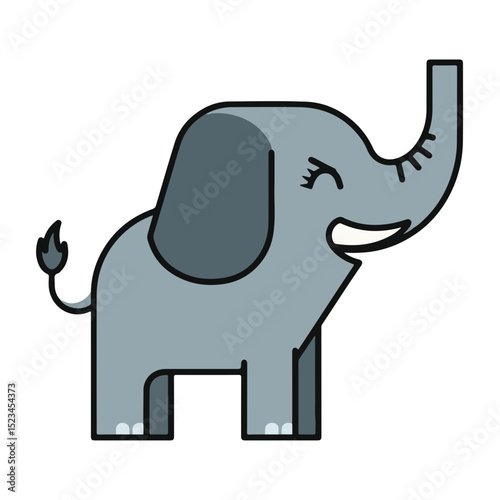 A cartoon illustration of a gray elephant with black outlines. Its smiling with its trunk raised. The elephant has large ears and a small tail.