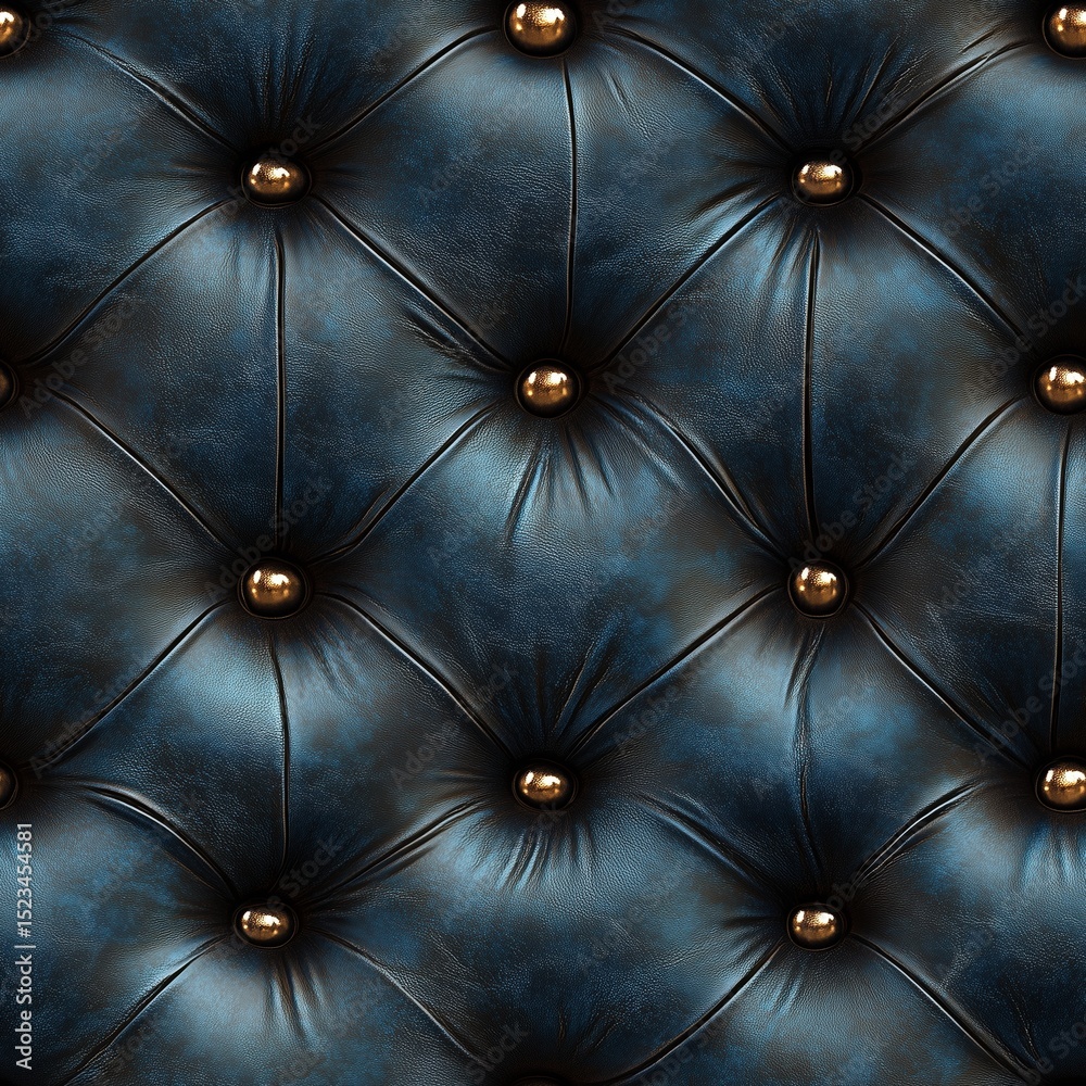 Naklejka premium Seamless, elegant blue leather capitone upholstery with deep button tufting and radiant golden buttons, creating a rich and classic texture ideal for luxurious backgrounds and high-end designs.