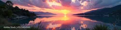 Serene Europa lagoon at sunset, reflecting the vibrant sky Calm waters, lush vegetation, and a tranquil atmosphere Ideal for travel, nature, and environmental themes , wildlife, ecosystem, evening