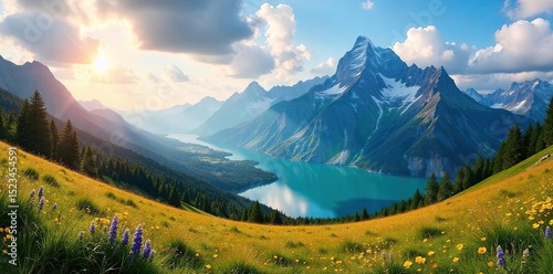 Breathtaking panoramic view of a majestic mountain range, sun-kissed meadows, and a serene lake reflecting the vibrant sky Perfect for travel, nature, and landscape projects , nature, stunning, range