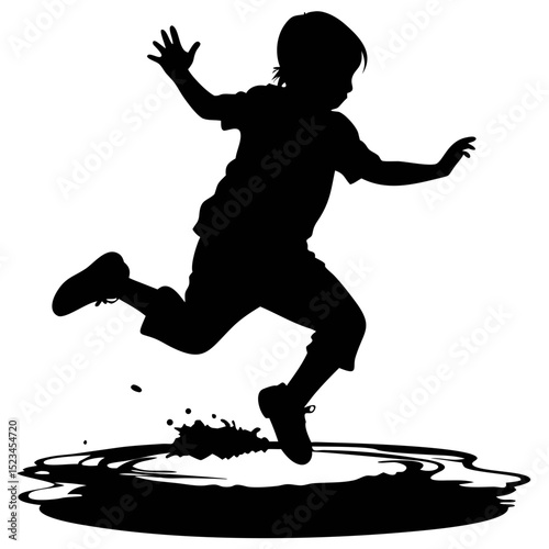 Child Joyfully Jumping in a Puddle During a Rainy Day Silhouette Art
